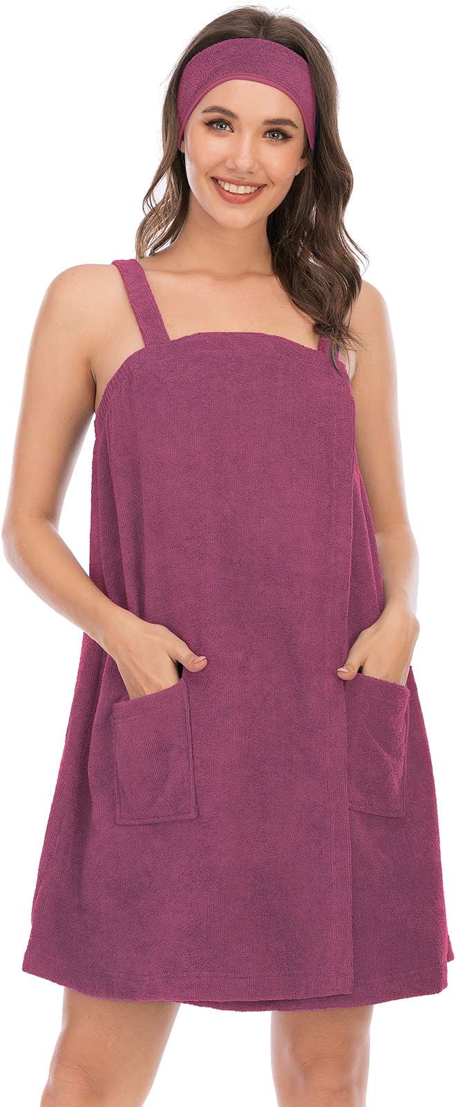 Veseacky Women Bath Wrap Towel for Womens Shower with Pocket Adjustable Spa Robe & Facial Headband
