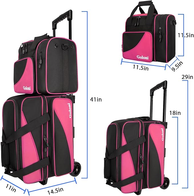 Goloni 3 Ball Bowling Bag with Wheels, 2+1 Double Roller Bowling Bag with Shoe Compartment,Tote Bag for Bowling Accessories