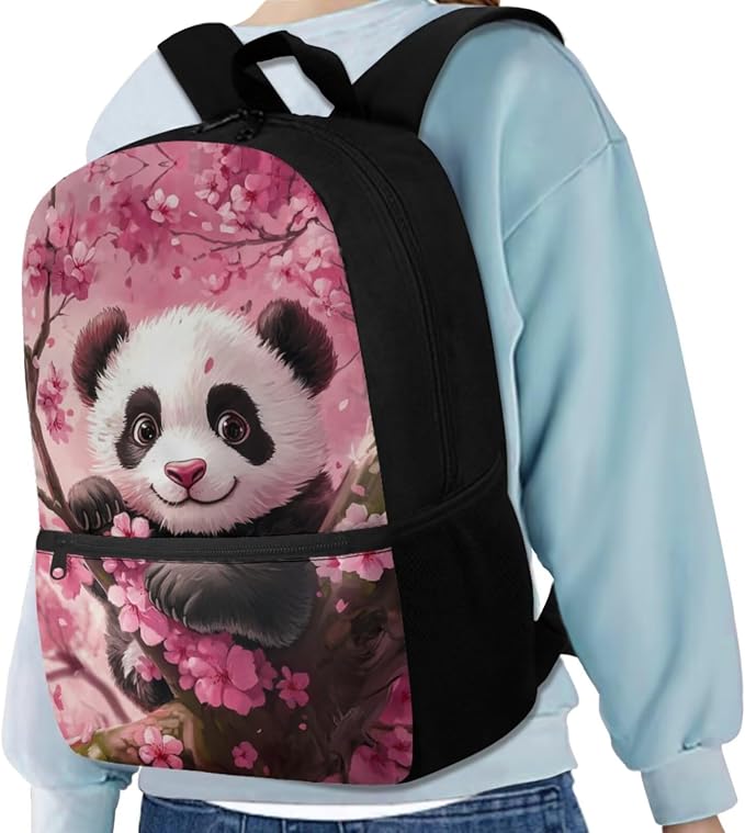 Cute Panda Backpack for Girls School Bag with Lunch Bag Pencil Case Water Bottle Holder Cherry Blossom Bookbag Casual Daypack Travel Bag Satchel Bagpack