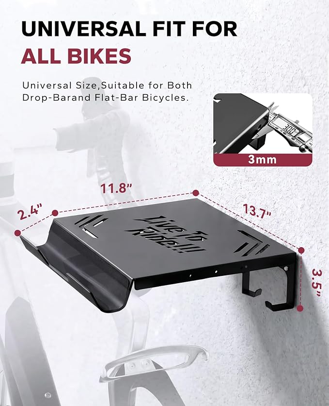 HAPBEAR Bike Wall Mount Rack with Shelf & 2 Adjustable Hooks-3mm Heavy Duty Galvanized Steel Indoor Bicycle Storage for Garage/Apartment-Fits Mountain & Road Bikes-Max 110lbs, Includes Wheel Strap