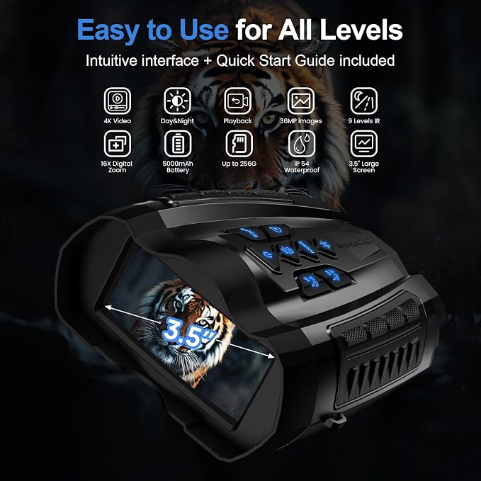 WARMTUYO Night Vision Goggles, 4K Binoculars with Camera, 3.5" HD Display and 32GB TF Card, 9 Gear Night Vision, 16X Digital Zoom, 5000mAh Battery Nightvision
