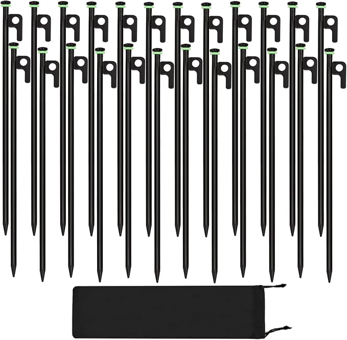 24Pcs Tent Stakes, 16in Heavy Duty Tent Stakes with Storage Pouch, Dia 0.35" Forged Steel Stakes for Tent Used on Rocks, Grassland, Snowfield(24Pcs 16in Stakes)
