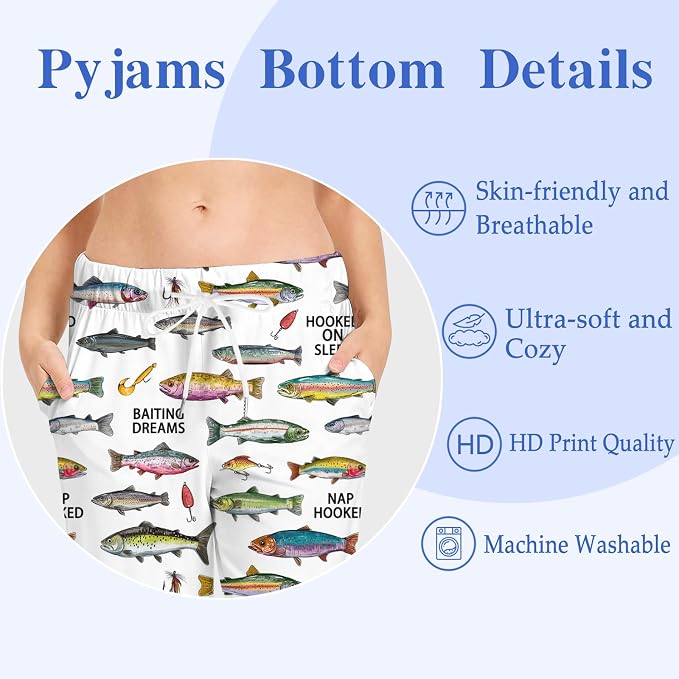 KOYI Fish Pajama Pants, Funny Fishing Print Lounge Pants, Cozy Unisex Sleepwear for Men Women, Novelty Pajama Bottoms