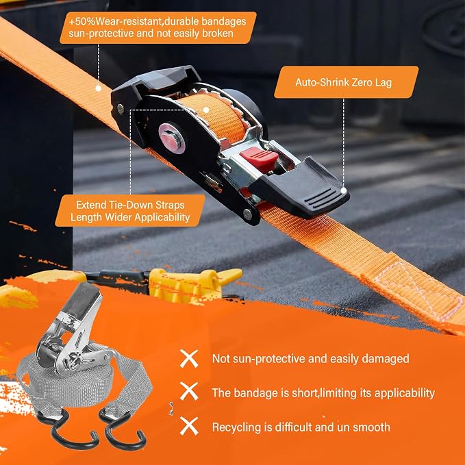 1" x 10' Self Retracting Ratchet Straps (4-Pack) - Orange Heavy Duty Tie Downs with Auto-Retract, 1540lb Break Strength for Truck, Motorcycle, ATV, UTV, Cargo Trailer