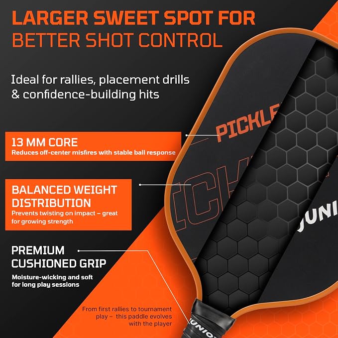 PicklePro Pickleball Paddles with Cover – Lightweight Fiberglass Pickleball Paddle for Kids, Youth & Beginners, Cushioned Grip, 13mm Honeycomb Core, Indoor & Outdoor Racket, USAP Approved