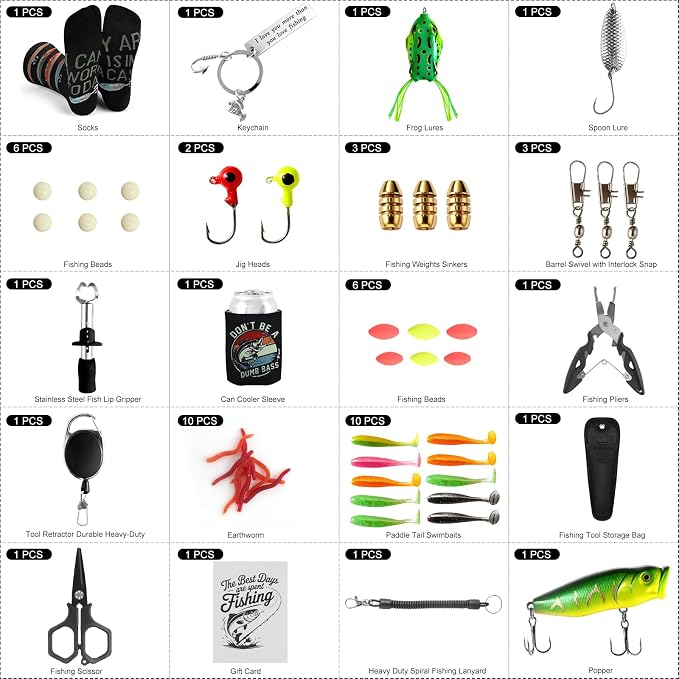 Fishing Gifts for Men Unique, Fishing Gear Accessories Gift for Men, Fisherman Gifts for Grandpa Dad, Fish Tool Kit Gift Set for Fisherman, Gear Kit with Lip Gripper, Pliers, Lures