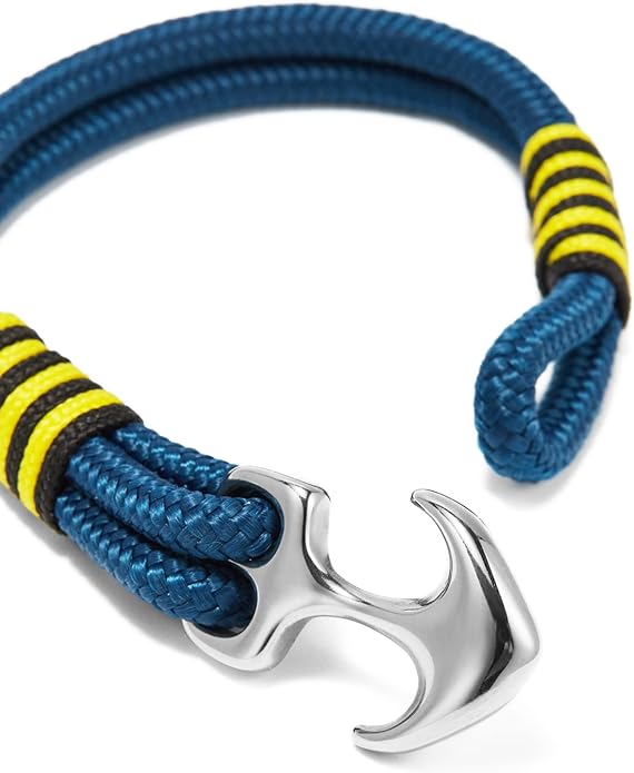 Men's Nautical Anchor Cuff Bracelet, Handmade Black & Blue Stainless Steel Rope Wristband with Lobster Claw Clasp