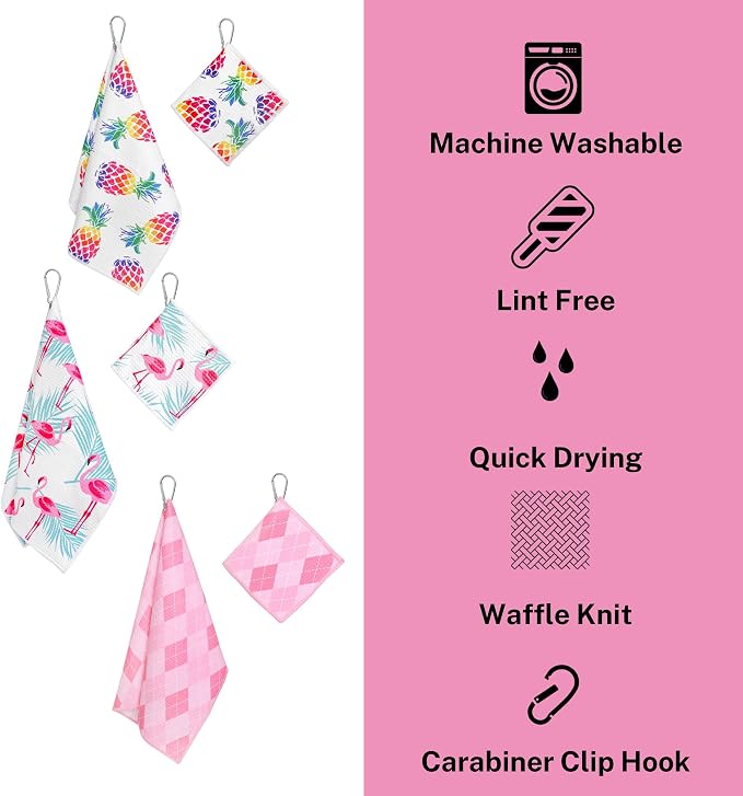 Golf Towel Gift for Golf Bags with Clip for Men & Women, Waffle Weave Microfiber Towel with Industrial Strength Clip Hook for Strong Hold to Golf Carts or Clubs, Set of 6