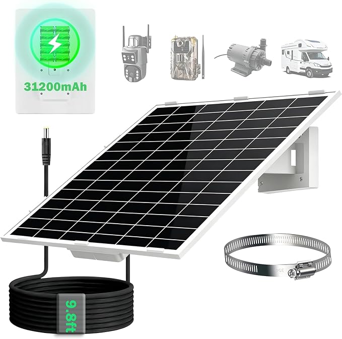 20Watt Solar Panel Kit with Built-in 31200mAh Battery Output: 12V/1A Features 9.8ft DC 5.5 * 2.1mm Ports Compatible with Security Cameras, Outdoor Lights & More