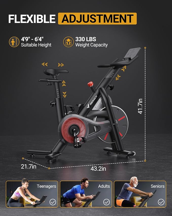 Merach Exercise Bike, Magnetic Friction Stationary Bike with Brake Pad and Exclusive App, Low Noise Indoor Cycling Bike with 300lbs Weight Capacity, Tablet Mount and Fitness Courses for Weight Loss