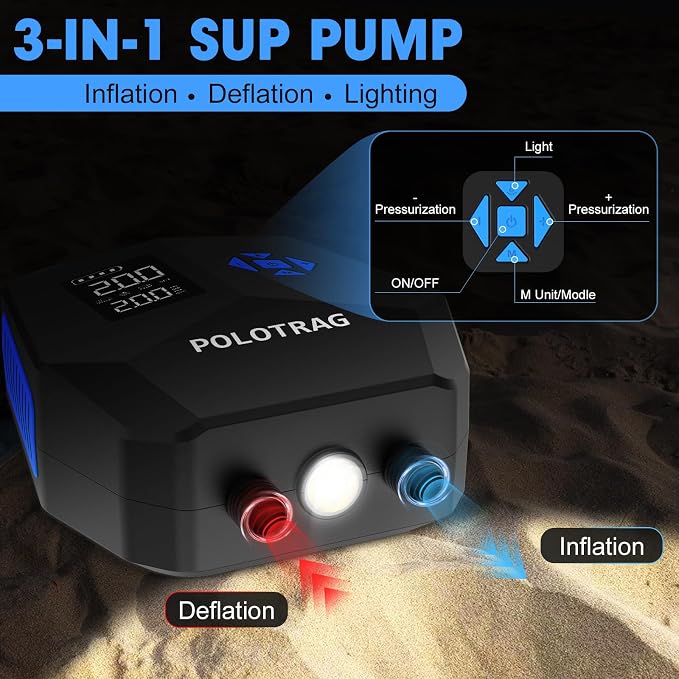Polotrag Paddle Board Pump, SUP Pump Electric Portable with Auto-Off/Deflation, Dual Stage 12V DC Car Connector Air Pump for Inflatables, Kayak and Air Mattress