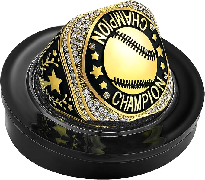 Highergo 1 PC Champion Mvp Rings Baseball Soccer Basketball Volleyball Football Softball Trophy Ring with Display Stand and Neck Chain Size 11 for Winner Tournament Award Gift(Baseball)