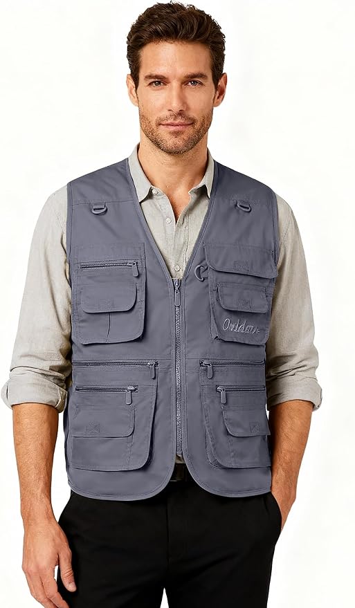 Flygo Men's Fishing Vest Utility Lightweight Outdoor Travel Safari Photo Cargo Vest with 16 Pockets