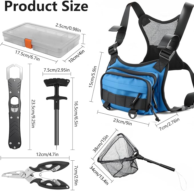 All in One Fishing Chest Pack Tackle Bag with Tackle Box, Fishing Lures Kit | Hook Remover Tool, Fish Lip Gripper, Fishing Plier Friendly for Beginners & Professional Anglers Gifts for Men (Blue)