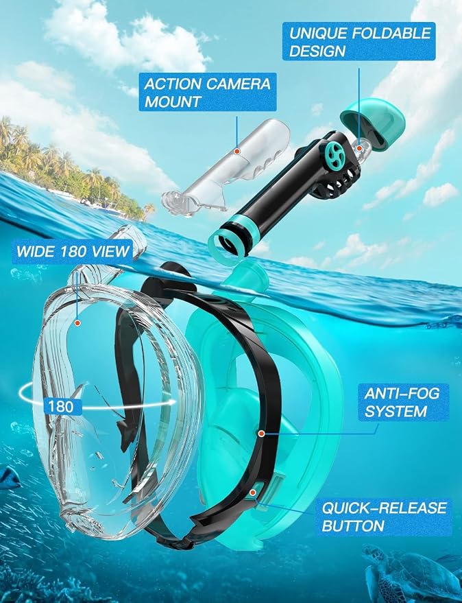 Full Face Snorkel Mask for Adults, 180° Panoramic Anti-Fog Snorkeling Gear with Dry Top System & Camera Mount, Foldable Anti-Leak Design for Travel, Swimming & Ocean Snorkeling
