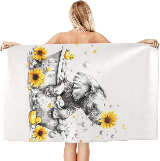 Cute Elephant Beach Towel, 32x52in Microfiber Quick Dry Gold Bathtub Sunflower White Bath Towels, Soft Lightweight Oversized Sand Free, for Travel Pool Swimming Gym Decor, Gifts