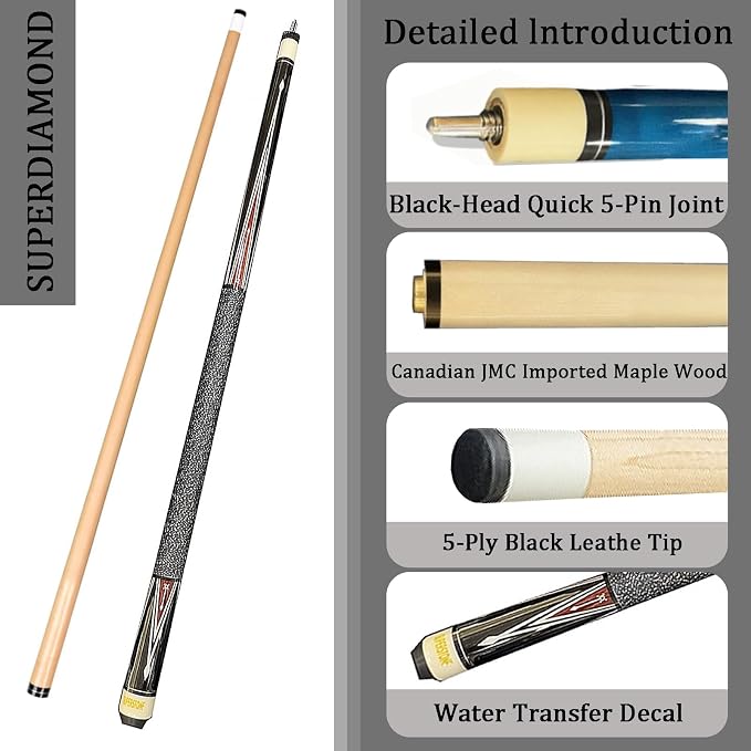 SUPERDIAMOND Pool Cue Stick Set Billiard Cue Sticks with Hard Case, 2-Pieces 58" Pool Table Sticks, 12.5 mm Tip Pool Queue,Pool Stick Set for Home Recreation, Billiards Clubs, Training