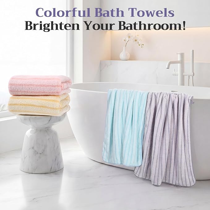 Mindsoft 4 Pcs Microfiber Stripe Bath Towels 27'' x 55'' Soft Highly Absorbent Shower Towels with Hang Loop Large Colorful Light Weight Bathroom Towel Sheet for Beach Travel Spa Gym Camp(Pastel)