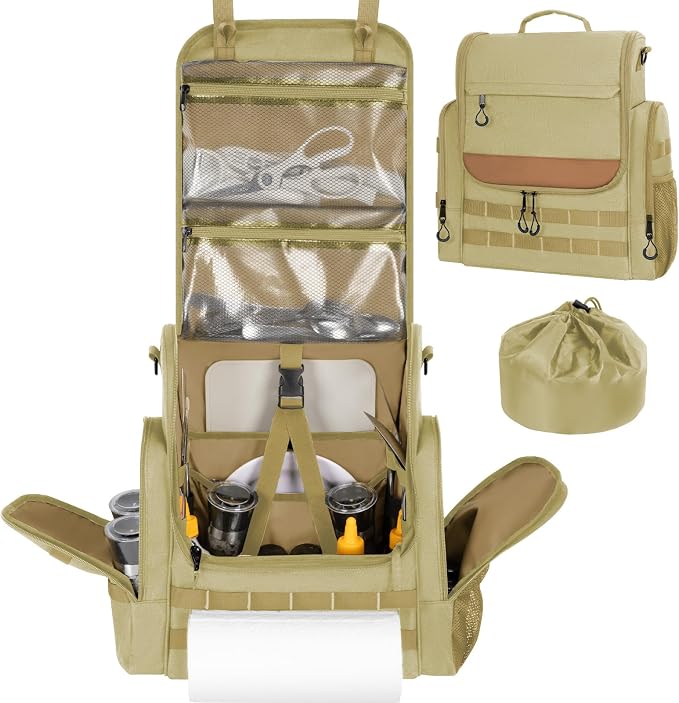 Large Camp Kitchen Organizer with Paper Towel Holder,Hanging Camping Storage Organizers with Metal Hook, Camping Utensil Bag for BBQ Cooking Essentials, With a Canvas Bag for Picnic Pot, Khaki