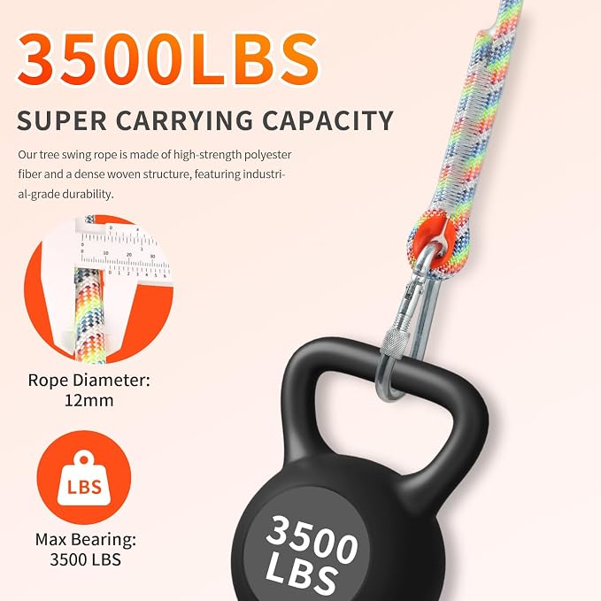 Tree Swing Ropes & Hanging Straps Kit (Set of 2) - 9FT/12FT/15FT Heavy Duty Options with Locking Carabiners, Safe & Quick Install for Backyard, Playground, and Camping Swings - Ready to Hang (12 FT)