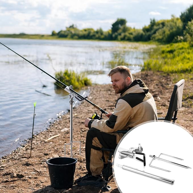Lounsweer 4 Pcs Fishing Rod Holders 360 ° Adjustable Fishing Pole Holders Multifunctional Stainless Steel Ground Fish Rod Pole Brackets for Detachable Fish Equipment Lakes Rivers Gifts Men