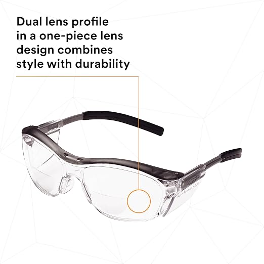 3M Safety Glasses with Readers, Nuvo Protective Eyewear, +2.5, ANSI Z87, Gray Frame, Clear Lens, Soft Nose Bridge, Side Shields