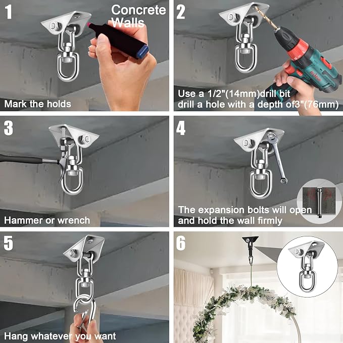Hammock Hanging Kit,Hanging Chair Hardware 360°Rotating 1000 lb Capacity Hammock Hooks Heavy Duty,Hammock Chair Hanging Kit & Swing Ceiling Hook Snap for Hammock Chair Stand,Seat,Tree,Yoga,Gym(Silver)