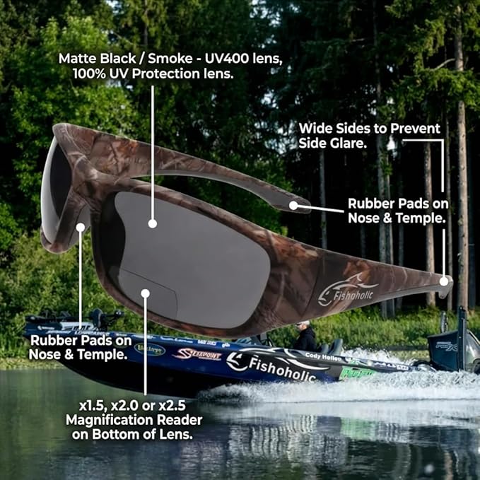 Fishoholic Polarized Bi-Focal Fishing Sunglasses with Reader Magnification (1.5x, 2.0x, 2.5x Options) and UV400 Protection