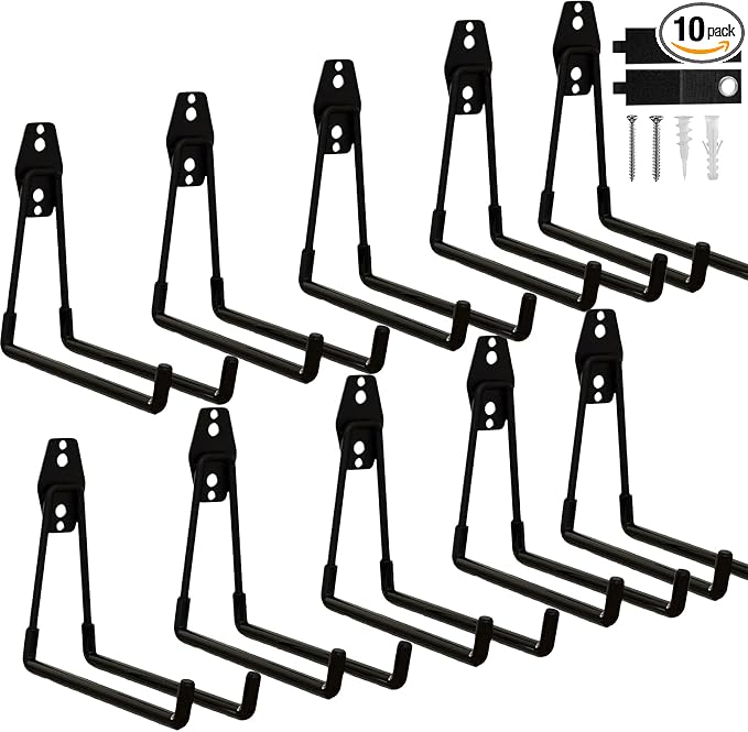 10 Pack Garage Hooks Heavy Duty with Anti-Slip Coating, Steel Utility Ladder Hooks for Hanging Garden Tools, Hoses, Ropes, Bikes and More (7.7in)