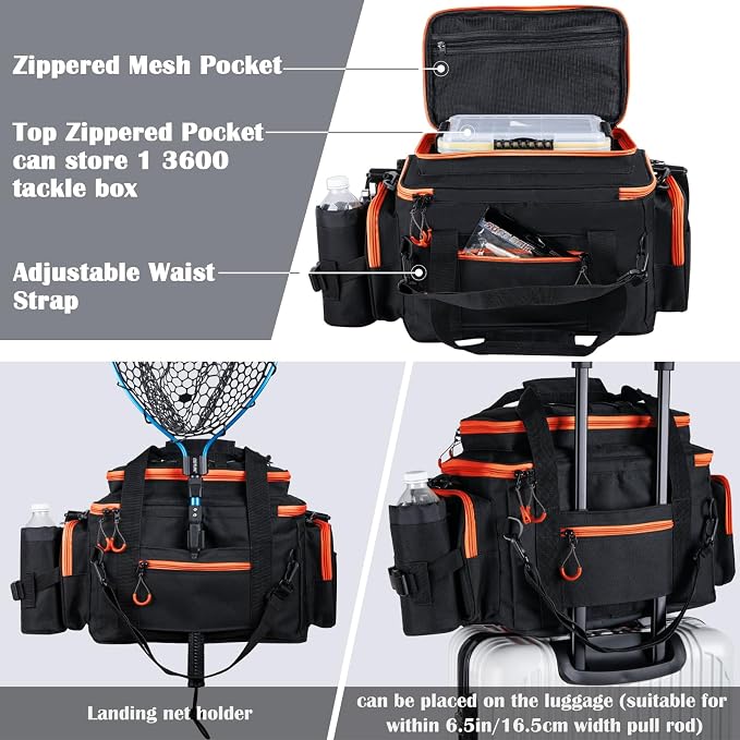 Goture Fishing Tackle Bag with 4PCS 3700 & 2PCS 3600 Tackle Boxes | 600D Water-Resistant, Rod Straps, Detachable Bottle Pouch,Waterproof Bottom, Freshwater & Saltwater Gear Storage Fishing Bag