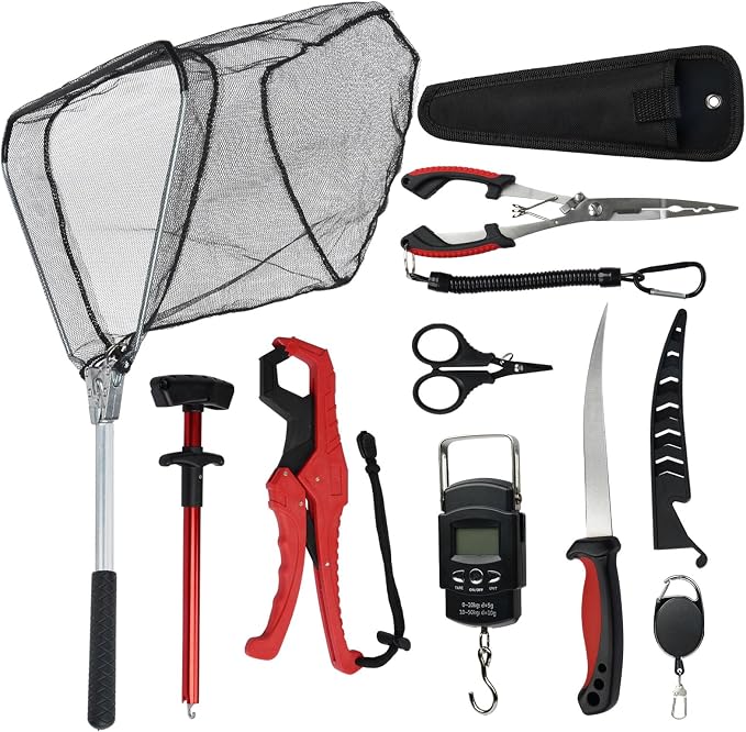 RAWILL 9 Pcs Fishing Tool Kit, Fishing Pliers with Lanyard and Protective Sheaths, Landing Net, Fillet Knife, Fish Scale, Gripper