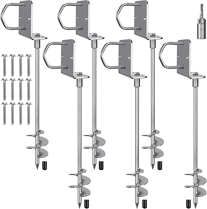Insaga 18''/24''/30'' Ground Anchors Screw in Earth Anchor Solid Steel with L Bracket for Trampoline Mobile Home Swing Set Shed Carport Tent Stakes, Wider Helix Blade & Chrome Plated Finish, 2/4/6Pcs
