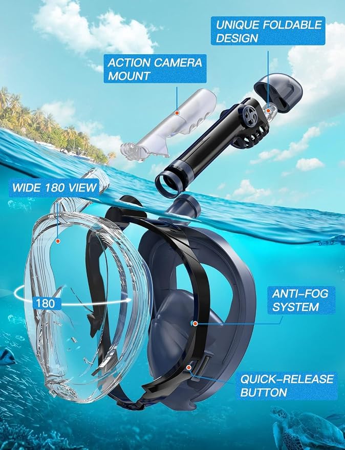 Full Face Snorkel Mask for Adults, 180° Panoramic Anti-Fog Snorkeling Gear with Dry Top System & Camera Mount, Foldable Anti-Leak Design for Travel, Swimming & Ocean Snorkeling