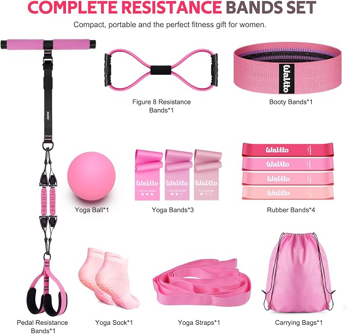 WALITO 15 PCS Pilates Kit, Adjustable Pedal Resistance Band with Handle, Figure 8 Resistance Band for Exercise Women, At Home Workout Equipment Set with Yoga Ball & Booty Bands for Full Body Gym