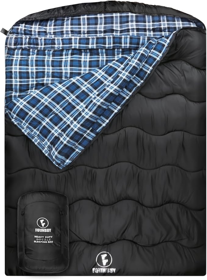 0 Degree Flannel Double Sleeping Bag for Adults, Couples or Family - Winter Queen Size Waterproof & Warm 2-Person Sleeping Bag for Cold Weather Camping, RV Travel