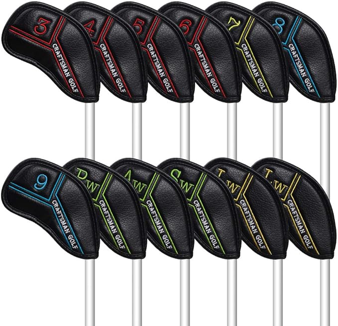 CRAFTSMAN GOLF 12pcs or 1pc Black Leather Golf Iron Head Covers Set Headcover Colorful Number Embroideried for Callaway Ping Taylormade Cobra Also Custom Version w/Your Name