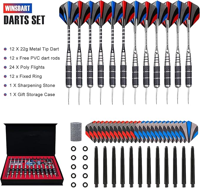 WINSDART Darts Metal Tip Set Professional Metal Darts for Dartboard Steel Tip Darts with Nonslip Iron Barrel Aluminum Dart Shafts,Extra Flights,Dart Sharpener,Gift Box