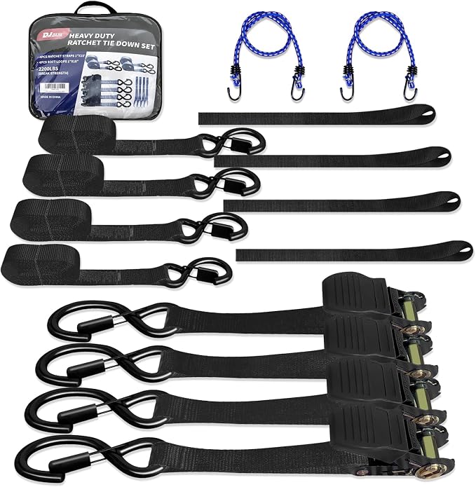 Motorcycle Tie Down Straps 1" x15' (4-Pack), Waterproof Carry Bag 2200lb Break Strength with Soft Loops & Coated S-Hooks for Truck, Trailer, ATV, UTV, Boat (Black)