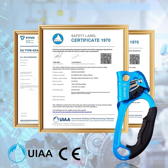 UIAA & CE Certified Climbing Rappelling Equip Hand Ascender Left Right Hand for 8-13mm Rope 4kN