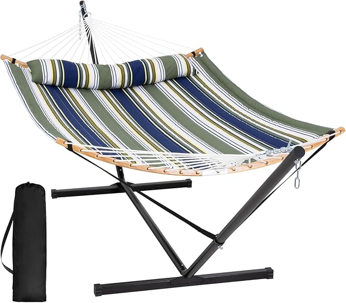 SUNCREAT Hammocks for Outside with Stand Included, Double Hammock with Curved Spreader Bar, Carrying Bag, Dark Green Stripes