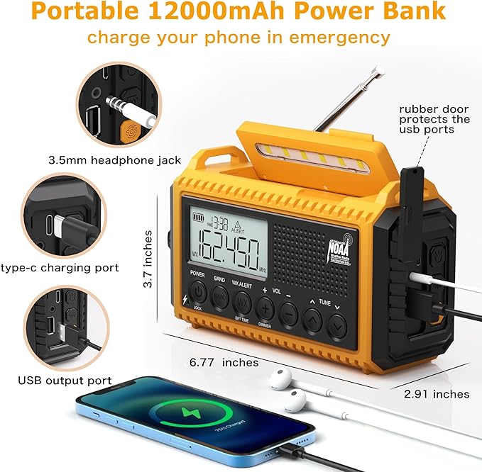 Eoxsmile Emergency Radio 12000mAh with NOAA Weather Alert - Solar/Crank/Battery Powered AM/FM/Shortwave Radio, USB-C Charger, Portable SOS Flashlight for Hurricane, Power Outage, Camping Survival Gear