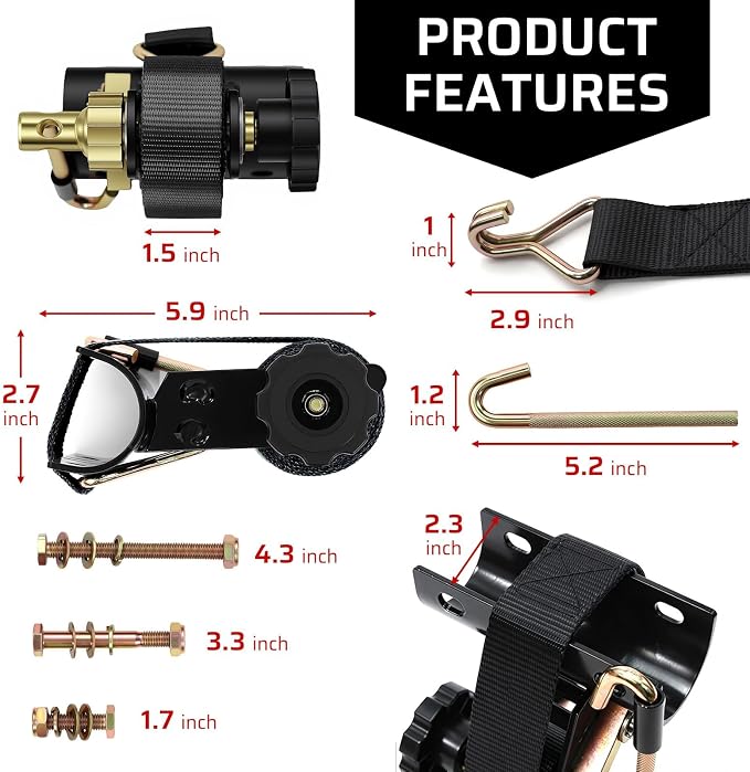 Black Rack Straps with J-Hook (2PK),1.5" x7.5' Ladder Rack Ratchet Straps, 2" Round Tube Mount, Perfect Ladder Rack Tie-Downs for Trailer Cargo Control