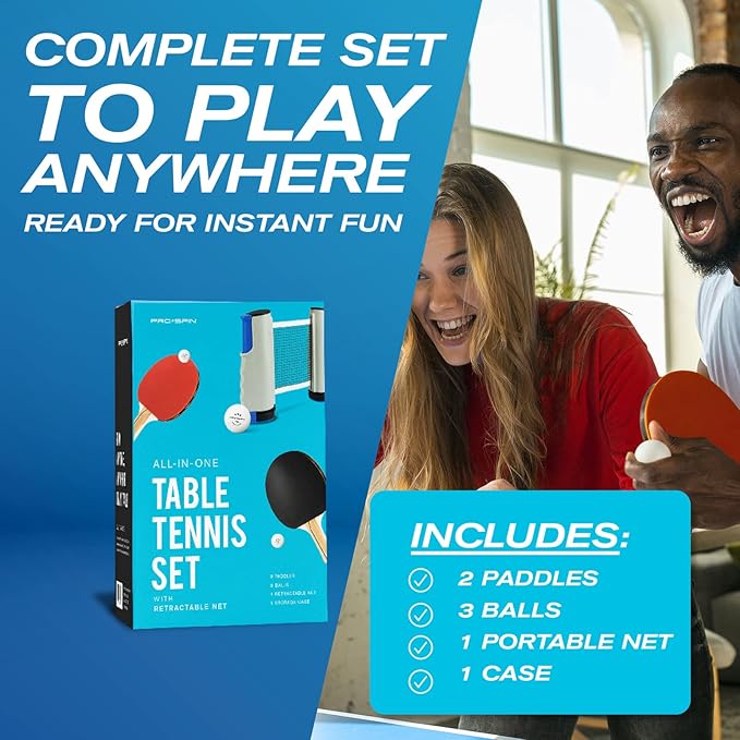 PRO-SPIN Portable Ping Pong Set with Retractable Ping Pong Net for Any Table, All-in-One Table Tennis Set with Ping Pong Paddles, Balls & Case, Table Top Family Game