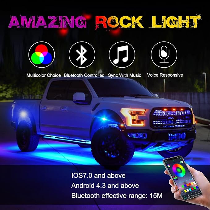 OFFROADTOWN RGB LED Rock Lights Kit 8 pods Underglow Multicolor Neon Light Pod with Bluetooth App Control IP68 Exterior Wheel Well Light for Pickup Tundra Dodge GMC UTV Truck
