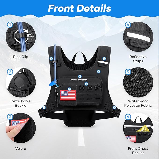 Maelstrom Hydration Vest with 2L Water Bladder Backpack for Running Hiking | Chest Pack, BPA-free, High Flow Bite, Reflective Stripe, Helmet Buckle, Detachable, Breathable Pad, for Cycling, Marathon