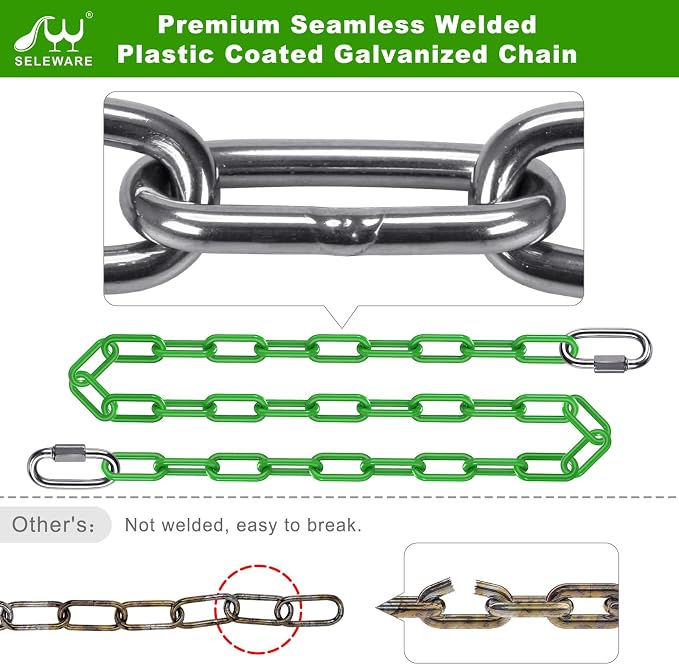 SELEWARE 2 Pack 40 Inch Hanging Swing Chain with 4 Carabiners, 1000LB Capacity Plastic Coated Hanging Chains, Hammock Hardware Kit for Swing, Hanging Chair, Punching Bags, Indoor Outdoor Gym (Green)