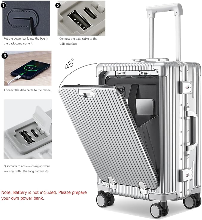 feilario Aluminium Frame PC Hard Shell Spinner Wheels Luggage,20.8"X15"X8.7 Airline Approved Built-In TSA lock Carry on Suitcase, with Cup Holder, USB Port, Phone Holder