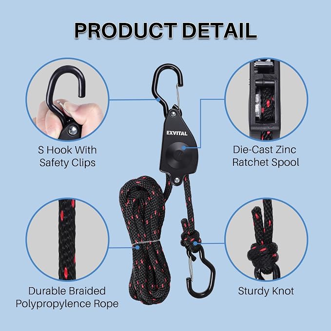 1PCS Kayak Rope Tie Down Ratchet Straps 1/2" ×14' Bow and Stern Tie Down Kayak with Safety S Hook Heavy Duty Ratchet Rope Black