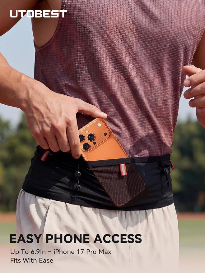 UTOBEST Running Belt for Men & Women, Bounce-Free Running Waist Pack Fits All Phones, 4-Pocket No Zipper Trail Running Belt Fits 500ml Soft Flask, Pole Carry Straps for Race, Trail (B7 Pro-Black, L)