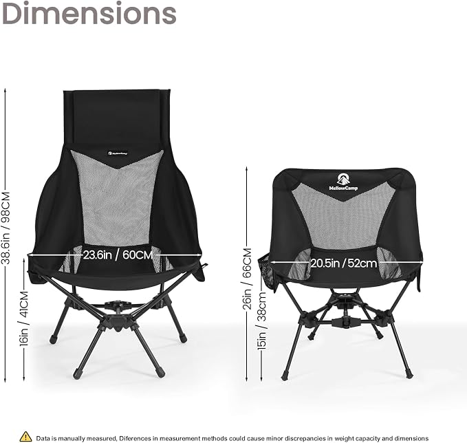 MellowCamp Folding High Back Camping Chair with Pillow, Portable Lightweight Chair Supports 374 lbs for Car Camping, RV, Tailgating, Beach, Fire Pit, Festival (Black)